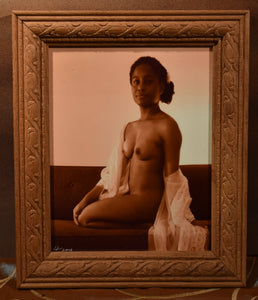 A. Seated - Nude Young Woman, Sepia, 8x10 in carved wooden frame