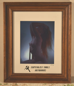 "Deep Blue Britney", 8" x 10" color print of nude young woman, matted and mounted in classic-look oak frame