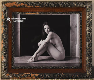 "Dianea Fireplace" -  Large 16" x 20" B&W, Nude young woman seated, in battered 19th century wood and plaster frame