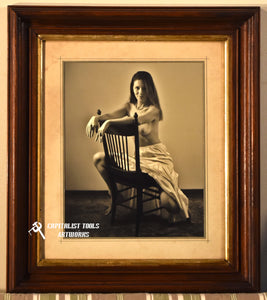 "Dianea Seated" 8x10 B&W photo, topless young woman seated, mounted in 10x12" antique frame and matte